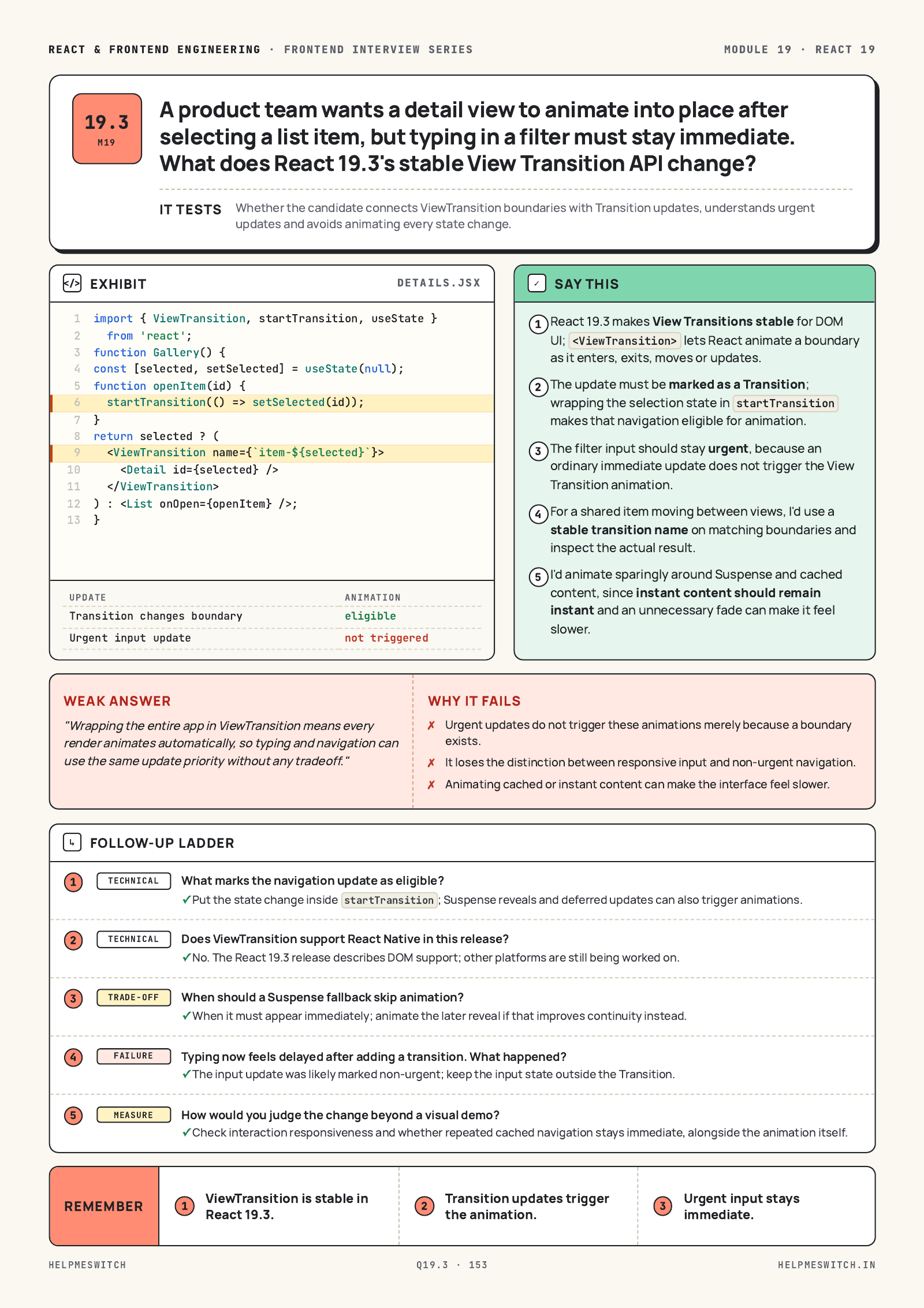When should a View Transition animate?, page from the React & Frontend Engineering guide