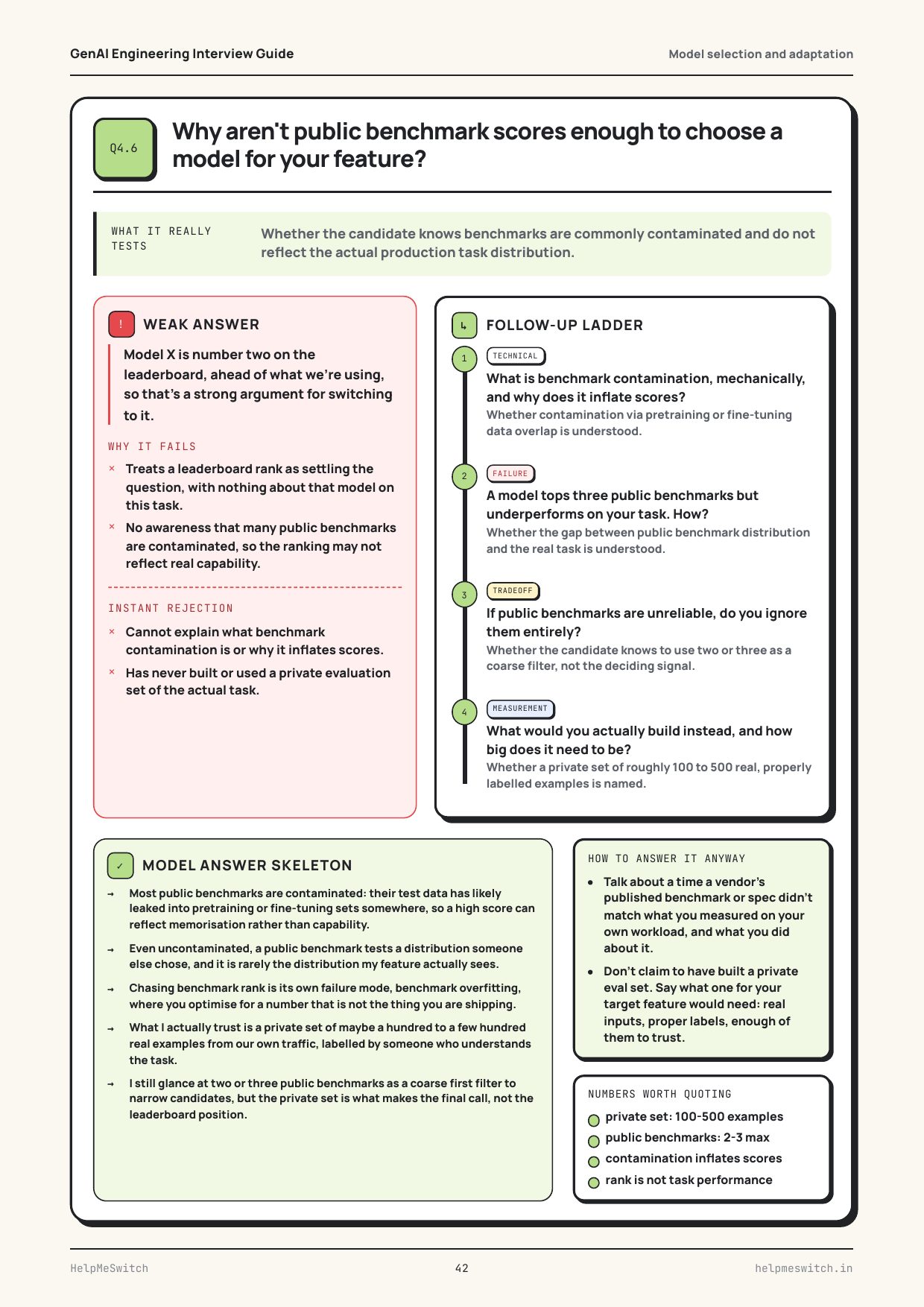 Why aren't benchmark scores enough to pick a model?, real page from the Software Engineer to AI Engineer Interview Guide
